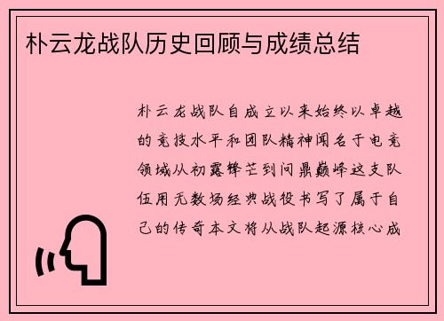 朴云龙战队历史回顾与成绩总结