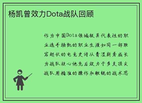 杨凯曾效力Dota战队回顾
